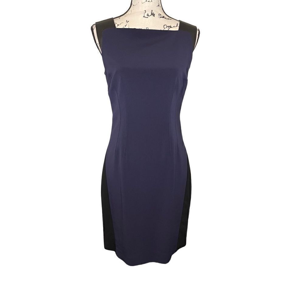 Elie Tahari color block shift dress with lamb leather‎ shoulder straps, Size 6